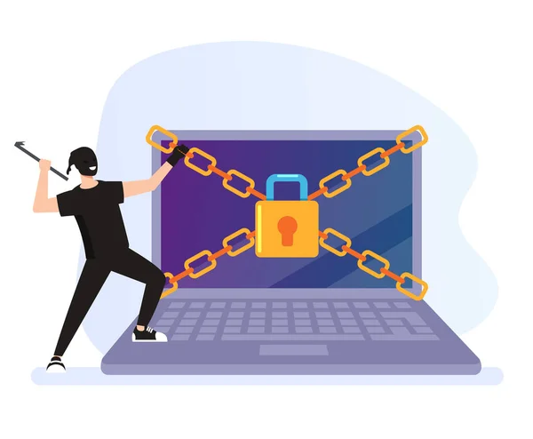 泥棒ハッカーの男の文字は セキュリティ保護システムを破ろうとしています サイバーインターネット犯罪の概念 ベクトルフラットグラフィックデザイン漫画イラスト — ストックベクタ