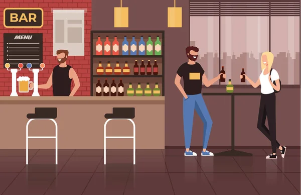 Amis Personnages Personnes Réunissant Dans Bar Pub Café Boire Cocktail — Image vectorielle