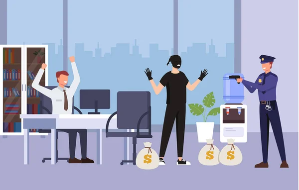 Thief Bandit Burglar Man Character Steal Money Office Threaten Weapons — Stock Vector