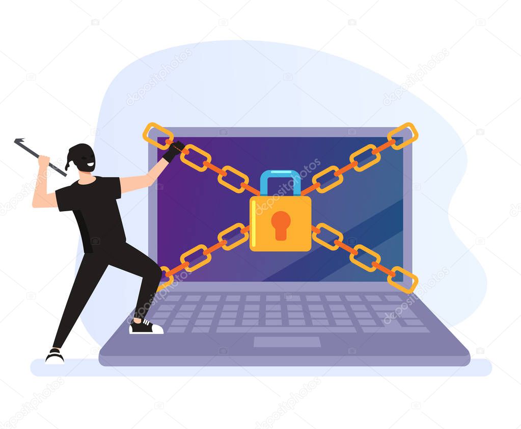 Thief hacker man character trying break security protection system. Cyber internet crime concept. Vector flat graphic design cartoon illustration