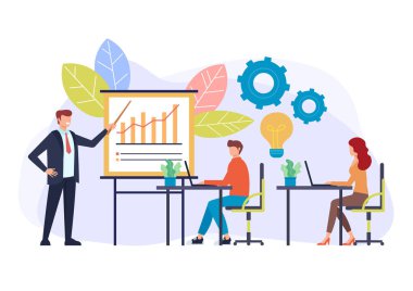 Profesyonel iş antrenörü eğitmen hoparlör eğitim sınıfı. Seminer sunum konsepti. Vektör düz karikatür grafik tasarım illüstrasyon