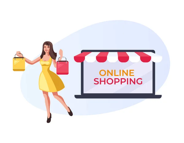 Gelukkig Lachende Vrouw Houdt Aankopen Tassen Online Internetshopping Concept Vector — Stockvector