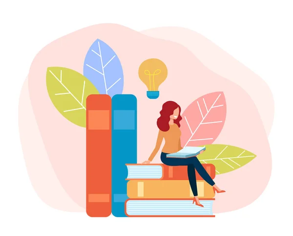 Femme Étudiante Ouvrière Bureau Lisant Des Livres Concept Éducation Illustration — Image vectorielle