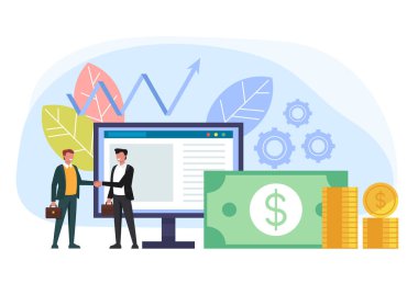 İki işadamı ofis çalışanı karakter el sıkışıyor. Online iş anlaşması anlaşması kavramı. Vektör düz grafik tasarım karikatür illüstrasyon