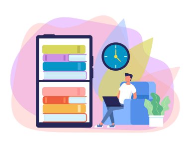 Adam öğrenci karakteri online kitap okuma. İnternet eğitim kütüphane kavramı. Vektör düz grafik tasarım karikatür illüstrasyon