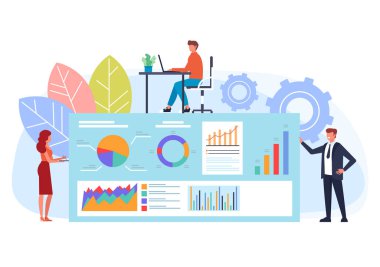 Krup insan ofis çalışanları işadamları karakter iş projesinde çalışıyor. Başarılı iş konsepti. Vektör düz karikatür grafik tasarım illüstrasyon