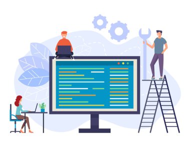 Online Teknik destek ekibi insanlar karakter kavramı. Vektör düz grafik illüstrasyon izole karikatür tasarım