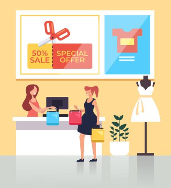 Woman consumer character making payment for purchases. Shopping concept. Vector flat cartoon graphic design isolated illustration clipart