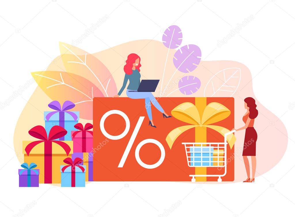 Woman consumers characters making purchases by online shop store. Special offer discount concept. Vector flat cartoon graphic design isolated illustration
