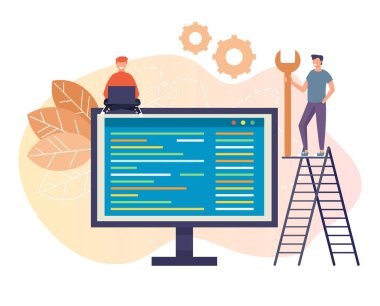 Online Teknik destek ekibi insanlar karakter kavramı. Vektör düz grafik illüstrasyon izole karikatür tasarım