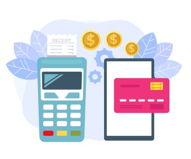 Online mobil ödeme işlem terminali konsepti. Vektör düz karikatür grafik tasarım izole illüstrasyon