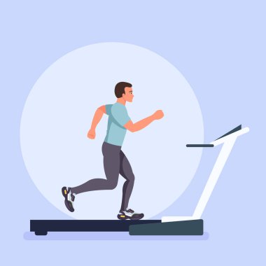 Sporcu koşucu karakteri koşu bandında koşar. Sportif yaşam tarzı kavramı. Vektör düz karikatür grafik tasarım izole illüstrasyon