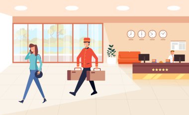 Taşıyıcı taşıyıcı çanta taşır. Turizm seyahat konsepti. Vektör düz grafik tasarım karikatür illüstrasyon