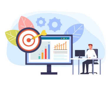 Adam ofis işadamı karakteri bilgisayarda çalışıyor. Dijital pazarlama konsepti. Vektör düz grafik tasarım karikatür illüstrasyon