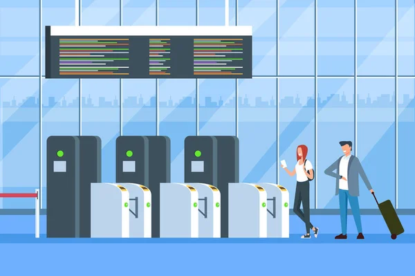 Personen Passagiers Passeren Registratie Poorten Registratie Voor Reis Concept Van — Stockvector