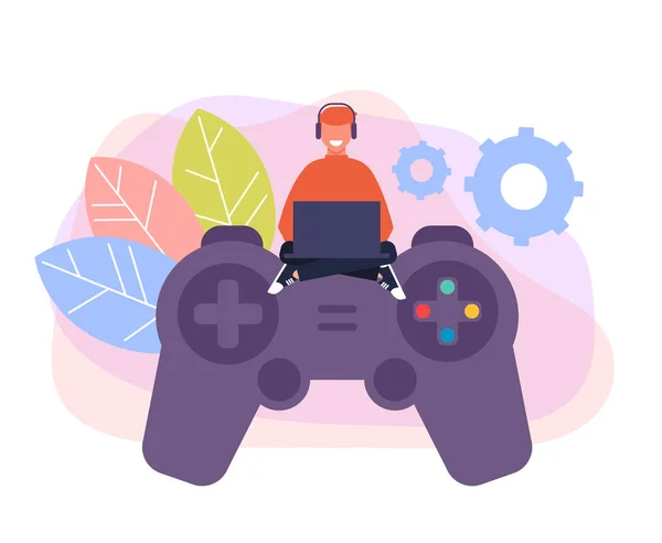 Boy Man Character Playing Computer Game Game Pad Gaming Concept — Stock Vector