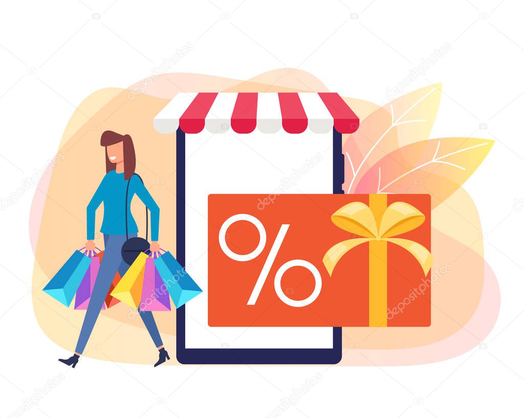 Woman consumer character holding purchases bags from online shop. Internet shopping special offer discount concept. Vector flat cartoon graphic design isolated illustration