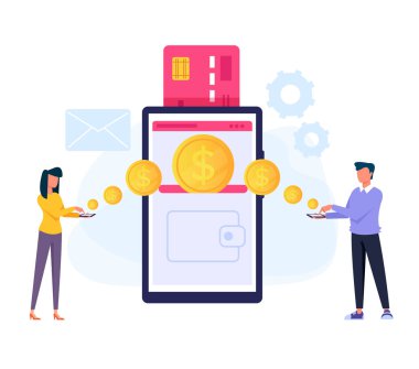 Online para işlem alışverişi yapma iki kişi karakter. Online ödeme konsepti. Vektör düz karikatür grafik tasarım illüstrasyon