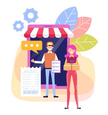 Kurye adam işçi karakter kadın tüketiciye kutu parsel getiren. Teslimat sevkiyat hizmeti konsepti. Vektör düz karikatür grafik tasarım illüstrasyon