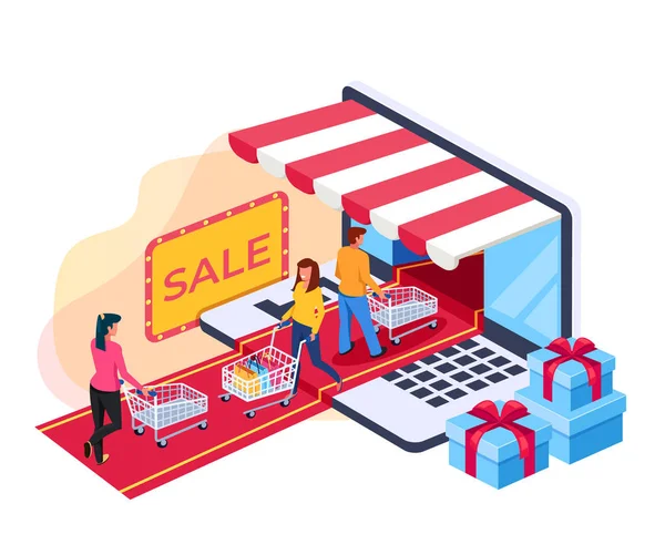Vrouwelijke Consument Karakter Holing Boodschappentassen Online Internet Winkelen Handel Isometrie — Stockvector