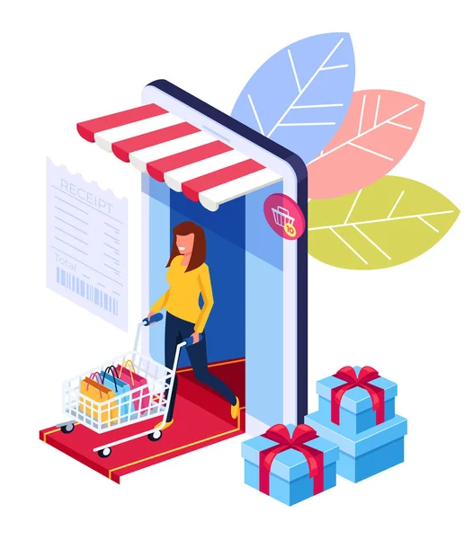 Kadın Tüketici Karakteri Alışveriş Torbalarını Dolduruyor Online Internet Alışverişi Isometri — Stok Vektör