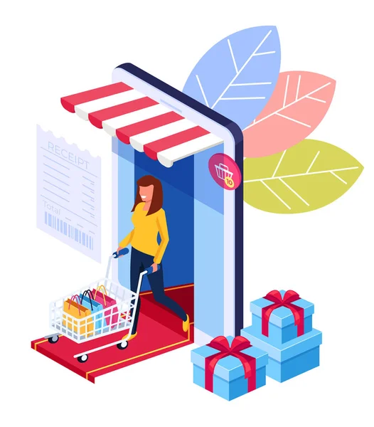 Mujer Personaje Consumidor Holing Bolsas Compras Concepto Isometría Comercio Compras — Archivo Imágenes Vectoriales