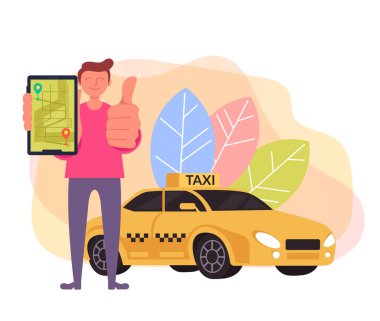 Taksi izleme online internet hizmeti kavramı. Vektör düz grafik tasarım karikatür illüstrasyon