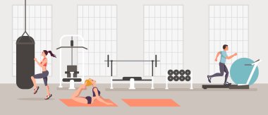 Spor salonunda egzersiz yapan spor insanları. Vektör düz grafik tasarımı izole illüstrasyon simgesi