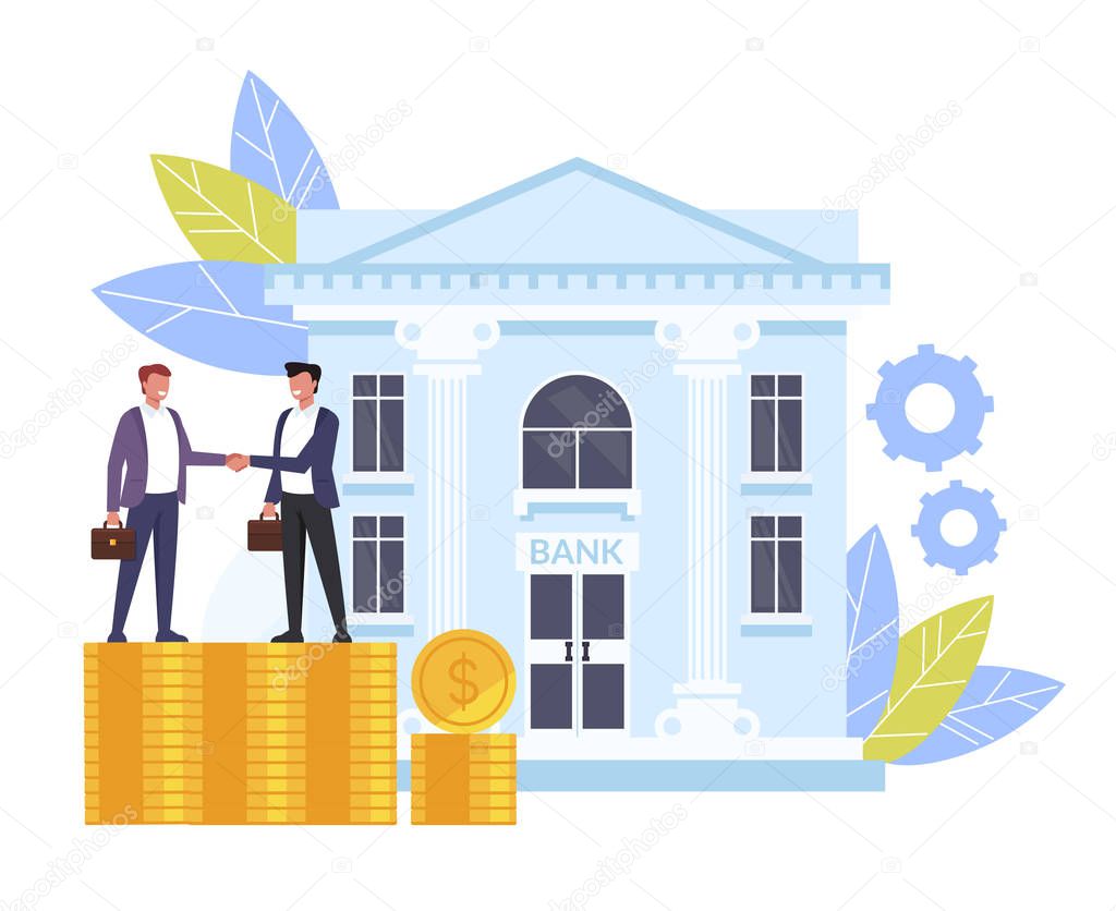 Business man people characters shaking hands. Banking deal contract concept. Vector flat cartoon graphic design isolated illustration