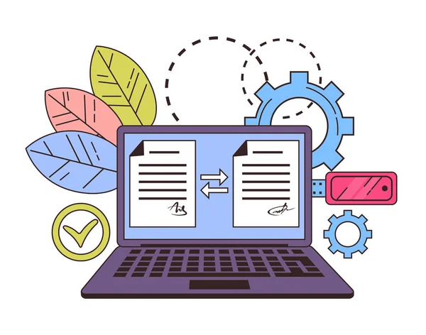 Digitale Handtekening Elektronische Document Management Lijn Art Concept Vector Plat — Stockvector