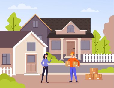 Kadın tüketici karakteri kurye adamdan paket alırsınız. Teslimat lojistik konsepti. Vektör düz karikatür grafik tasarım illüstrasyon