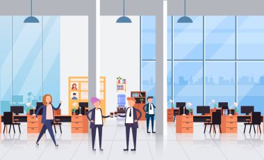 İş adamları ofis çalışanları karakter konuşuyor. Kahve molası konsepti. Vektör düz karikatür grafik tasarım izole illüstrasyon