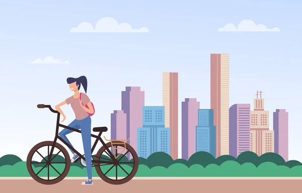 Mujer Montando Bicicleta Concepto Ciclismo Vector Plano Dibujos Animados Diseño — Vector de stock
