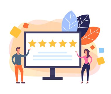 Geri bildirim derecelendirme hizmeti mobil uygulama konsepti. Vektör düz karikatür grafik tasarım illüstrasyon