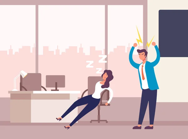 Angry Boss Character Sleeping Employee Office Life Concept Vector Flat — Stock Vector