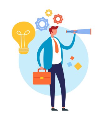 İşadamı ofis çalışanı karakter geleceğe bakıyor. Vektör düz karikatür grafik tasarım illüstrasyon