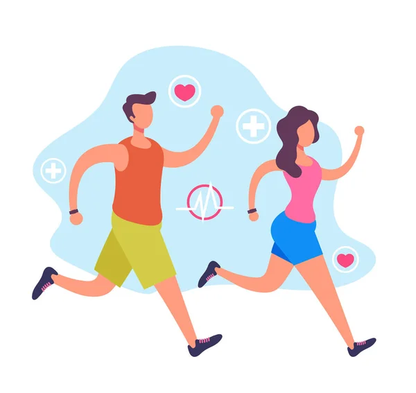 スポーツの人々はジョギングを実行している男女の文字 スポーティな健康的な生活のコンセプト ベクトルフラット漫画グラフィックデザインイラスト — ストックベクタ