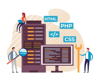 Programcı geliştirme konsepti. Vektör grafik tasarım düz karikatür illüstrasyon