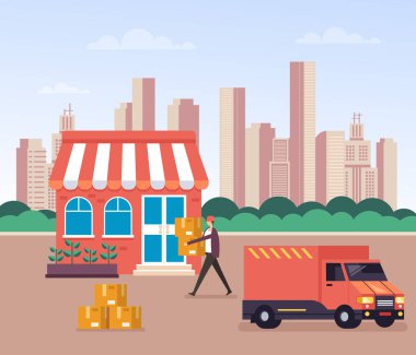 Teslimat yükleyici kurye kavramı. Vektör grafik tasarım düz karikatür illüstrasyon