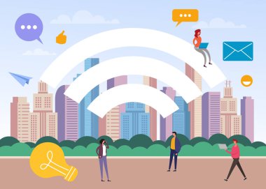 Online internet küresel sohbet iletişim konsepti. Vektör düz karikatür grafik tasarım illüstrasyon