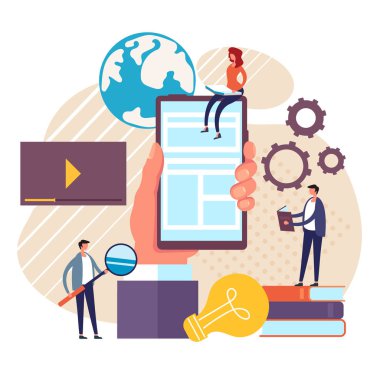 Online iş eğitimi asistanı kavramı. Vektör düz karikatür grafik tasarım illüstrasyon