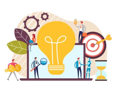 Yenilik ekip çalışması taze fikir geliştirme konsepti. Vektör düz karikatür grafik tasarım illüstrasyon