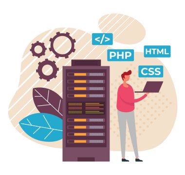 Veritabanı veri geliştirme programcısı kavramı. Vektör düz karikatür grafik tasarım illüstrasyon