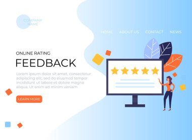 Beş yıldızlı geri bildirim sayfası pankartı. Vektör grafik tasarımı izole edildi
