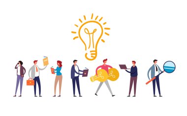 Üretim fikirleri takım çalışması kavramını geliştiriyor. Vektör düz grafik tasarım çizimi