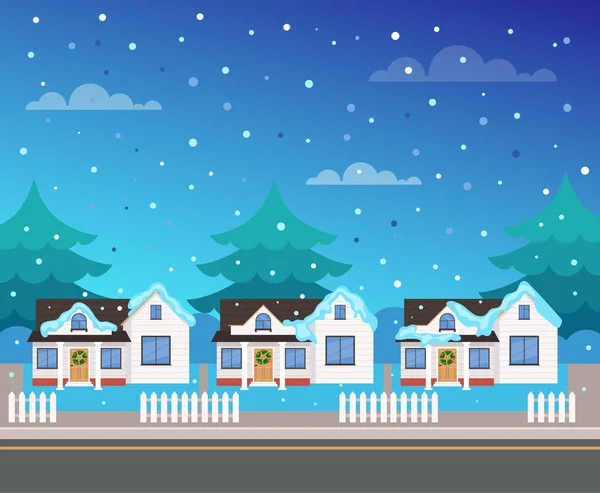 冬の家通りメリークリスマスとハッピーニューイヤーのコンセプト ベクターフラットグラフィックデザインイラスト — ストックベクタ