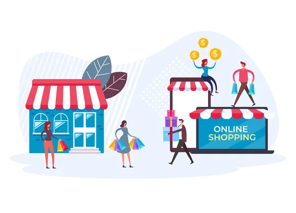 Online Alışveriş Ticaret Konsepti Vektör Düz Grafik Tasarım Çizimi — Stok Vektör