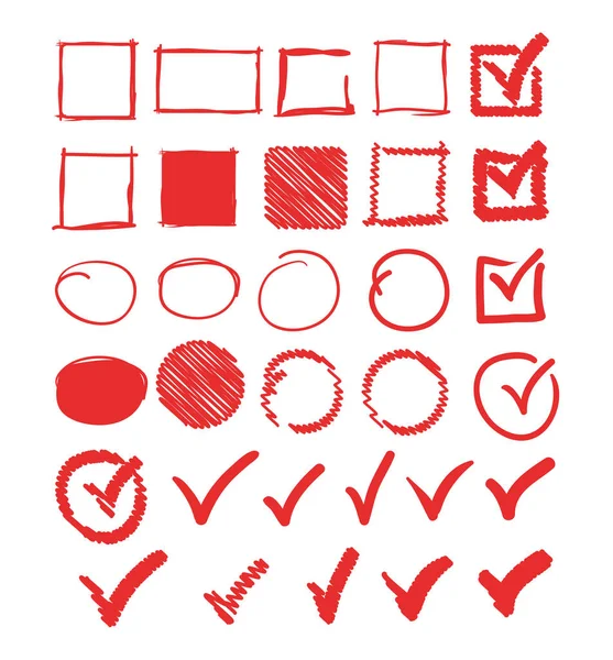 Doodle Check Marks Circle Square Frame Set Collection Vector Flat — Stock Vector