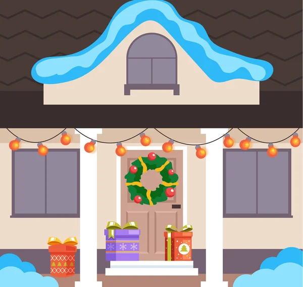 Decoración Puerta Casa Navidad Feliz Navidad Feliz Año Nuevo Concepto — Vector de stock