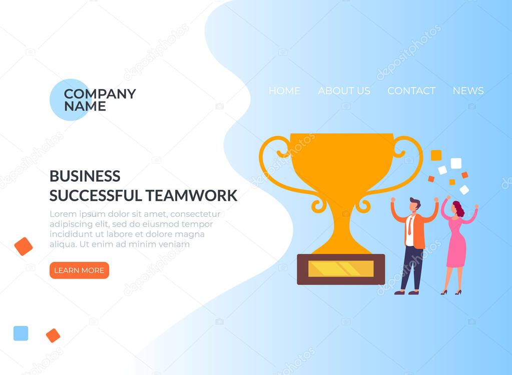 Successful teamwork and golden cup. Business people celebrating. Vector flat graphic design illustration